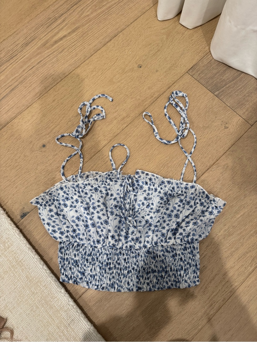 Princess Polly Blue & White Floral Smocked Tie-Strap Crop Camisole
